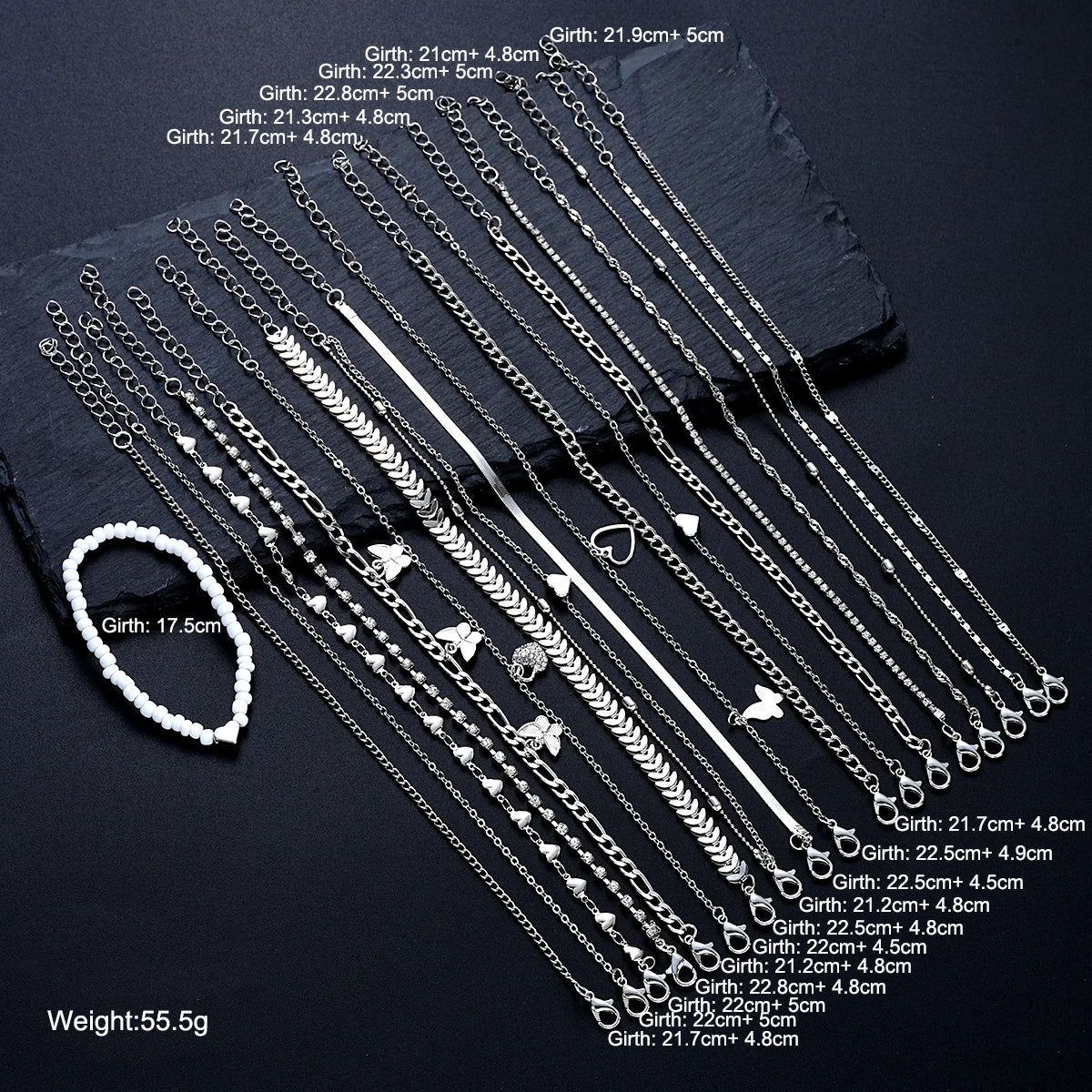 19Pcs/Set Silver Color Anklet Set