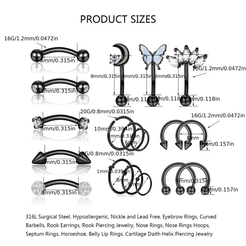 18Pcs 14K Gold Plated Stainless Steel Body Piercing Jewelry