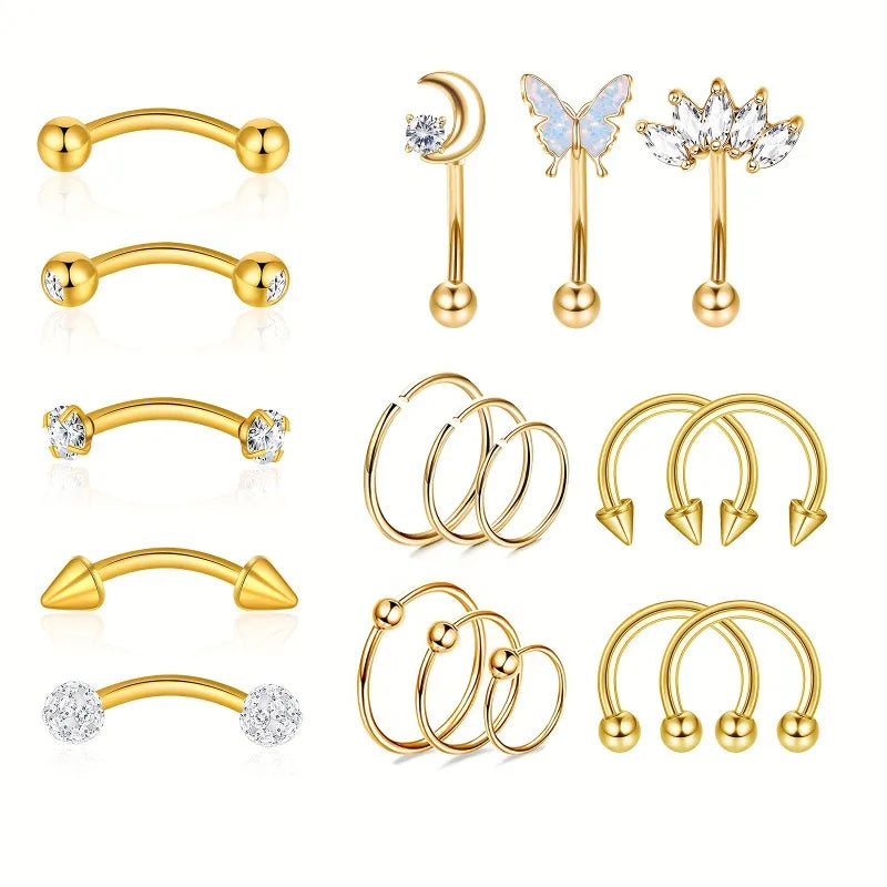 18Pcs 14K Gold Plated Stainless Steel Body Piercing Jewelry