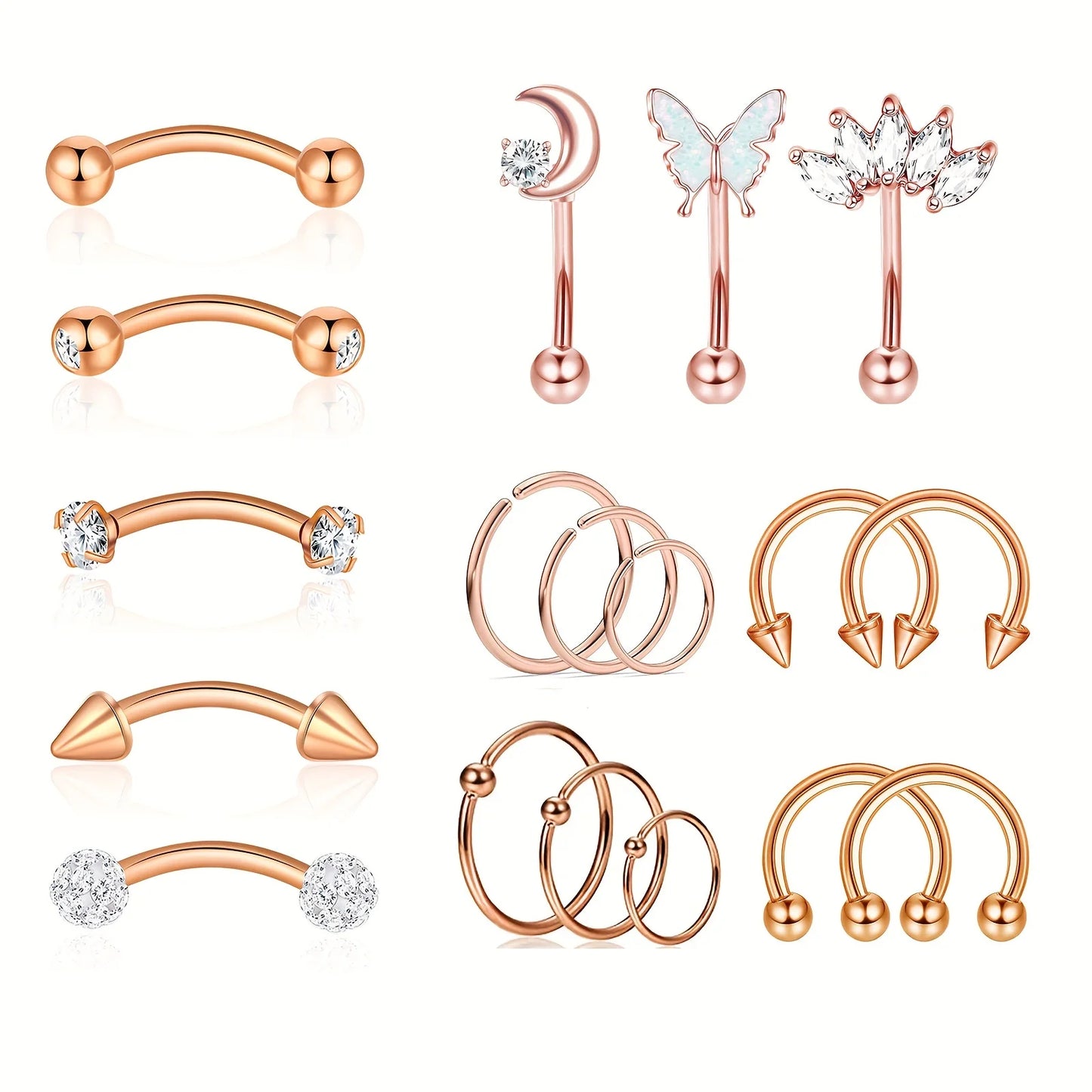 18Pcs 14K Gold Plated Stainless Steel Body Piercing Jewelry